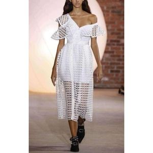 Self portrait Runway One Shoulder guipure-lace white midi dress